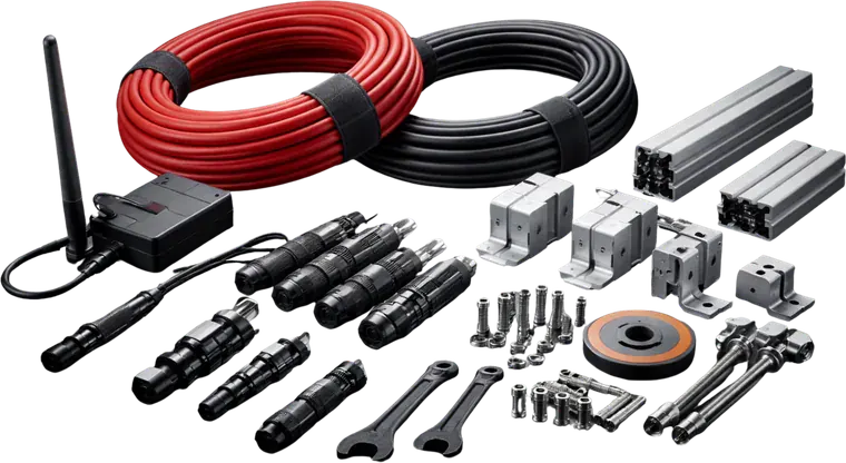 Solar cables, protection devices and mounting parts