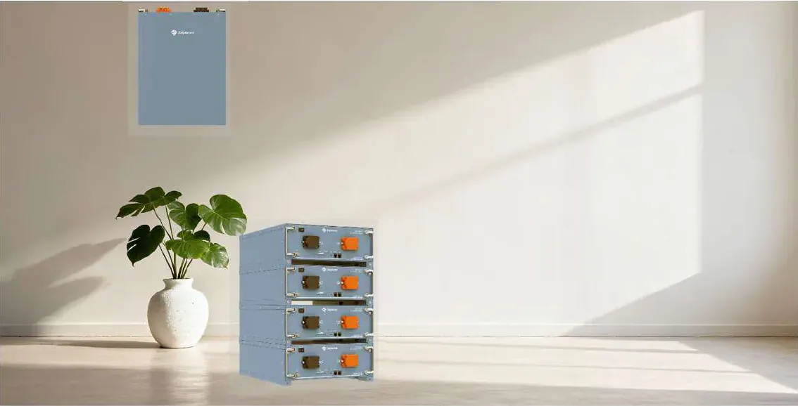 OAX Ai-LB-E battery modules, wall-mounted and floor-standing, in a bright room
